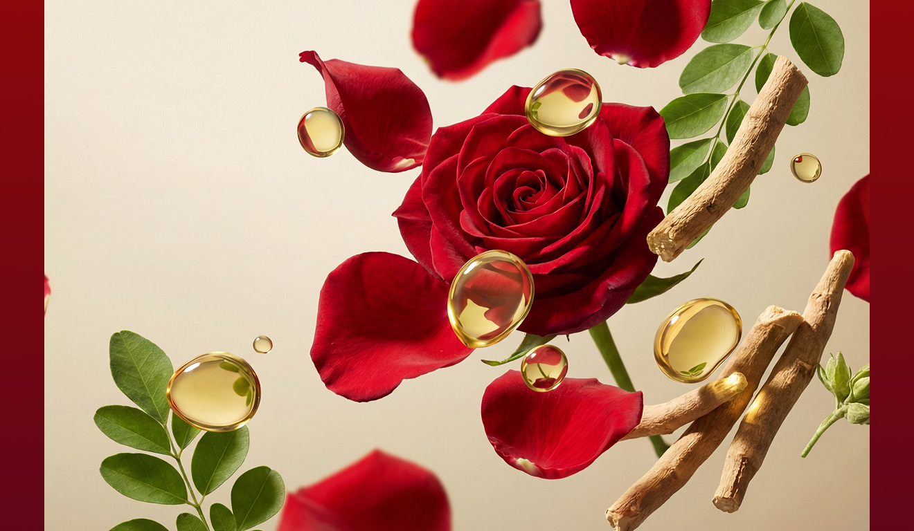 Ingredients of the Ritual of Ayurveda: Indian rose, almond oil and others.