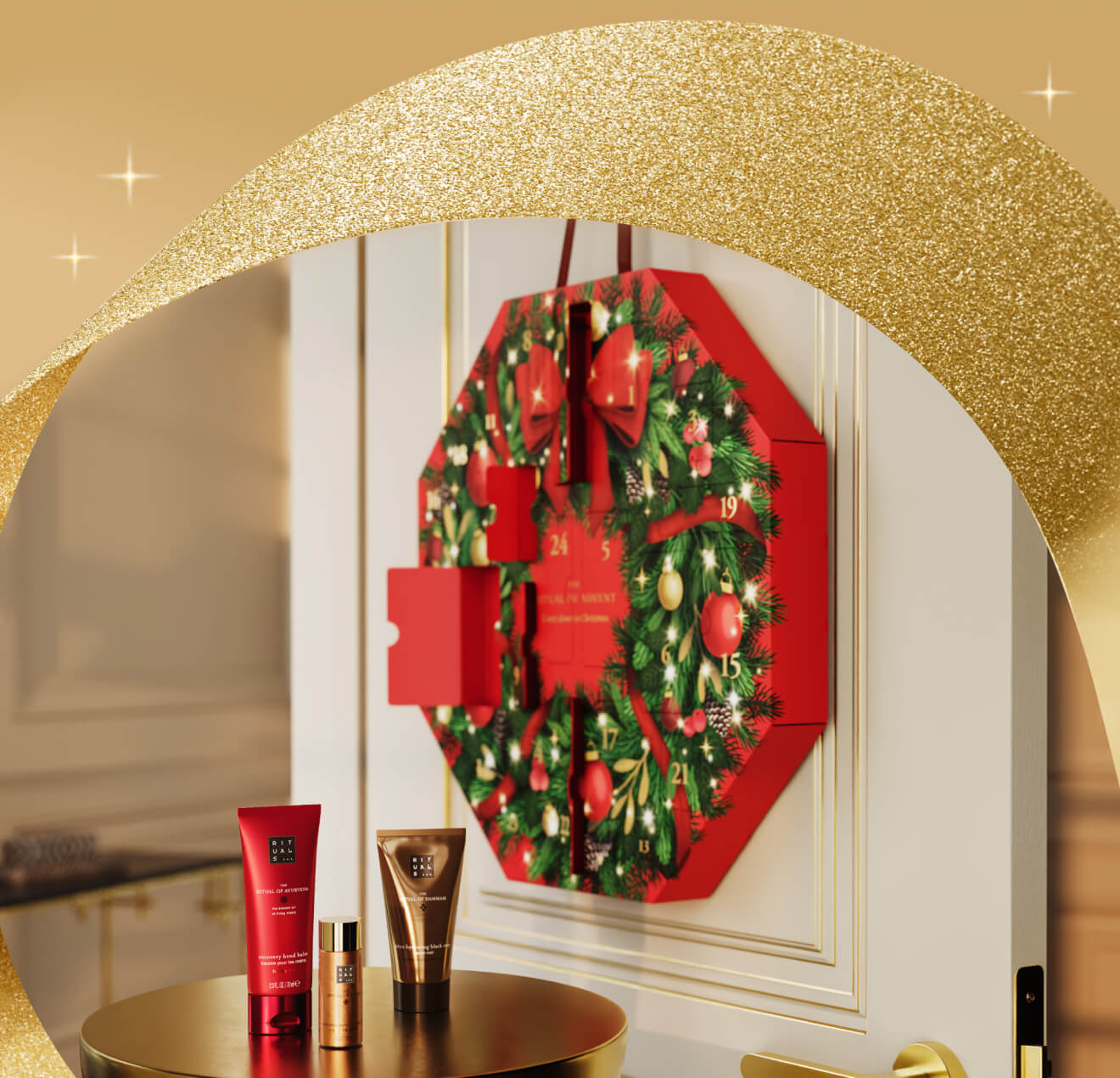 A red and green Christmas wreath to hang indoors.