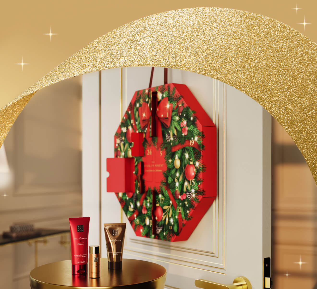 A red and green Christmas wreath to hang indoors.